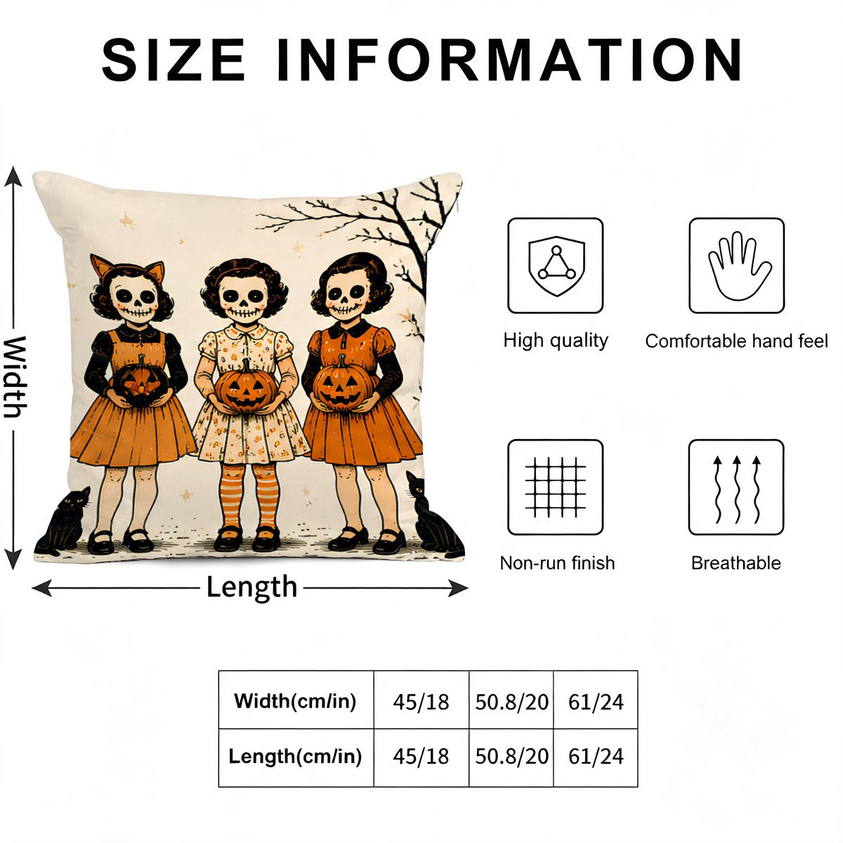 Halloween decorative pillow featuring three girls in vintage outfits holding pumpkins.