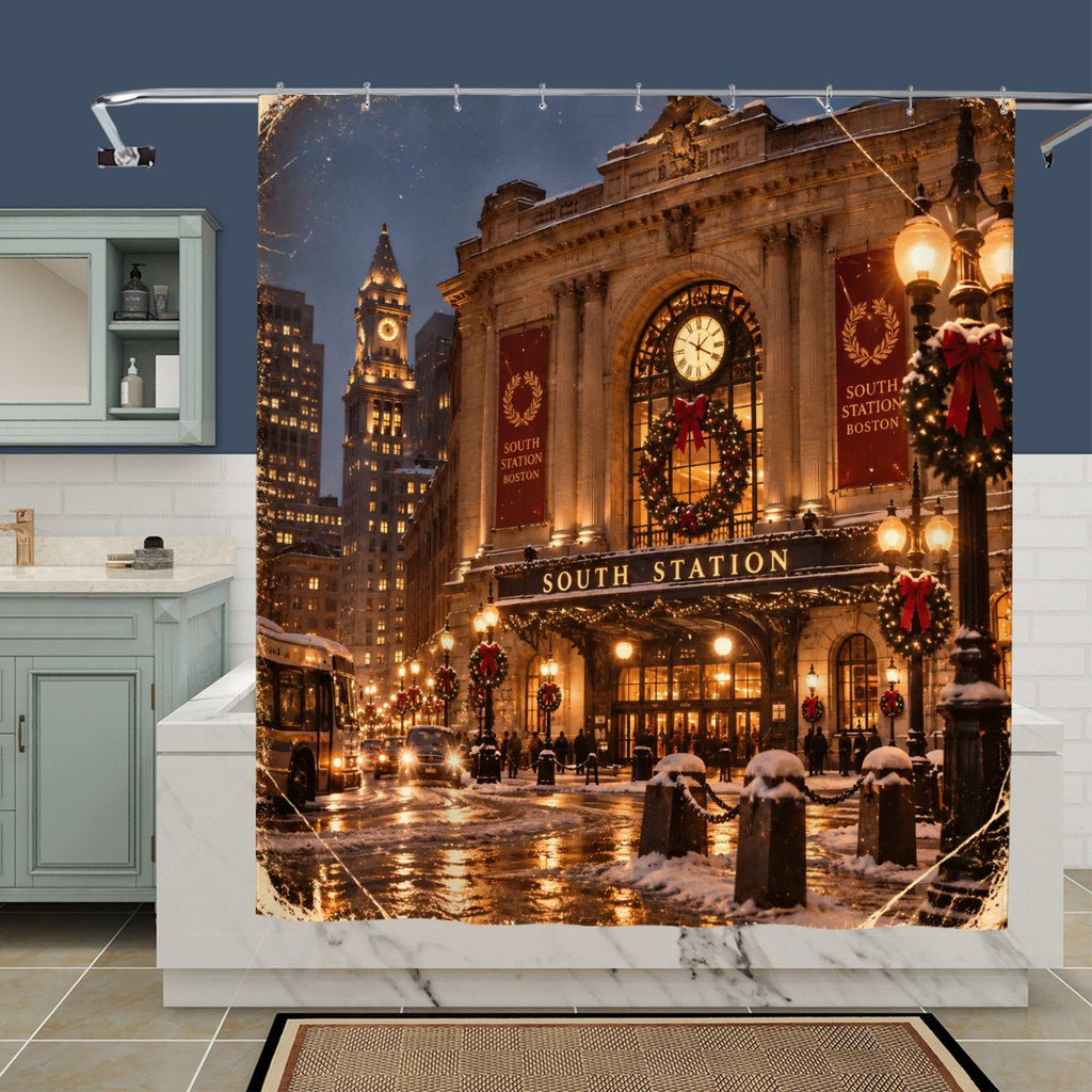 Boston South Station Christmas Shower Curtain | Winter Holiday Scene