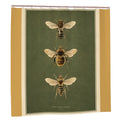 Vintage botanical style shower curtain featuring three honey bee illustrations on green background