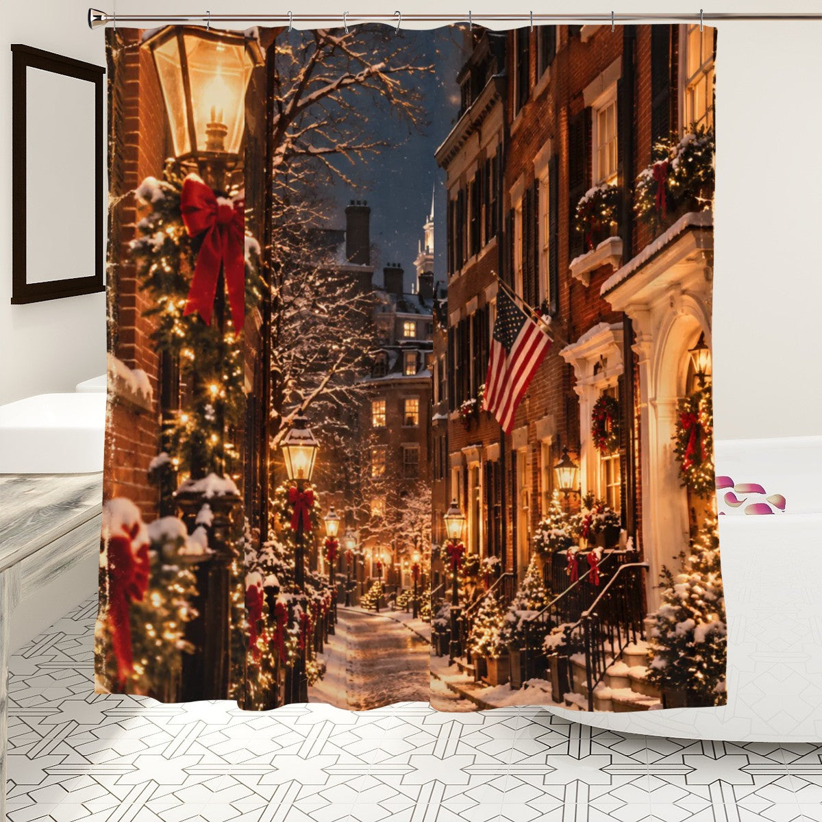 Boston Beacon Hill Christmas Shower Curtain | Snowy Lantern-Lit Street