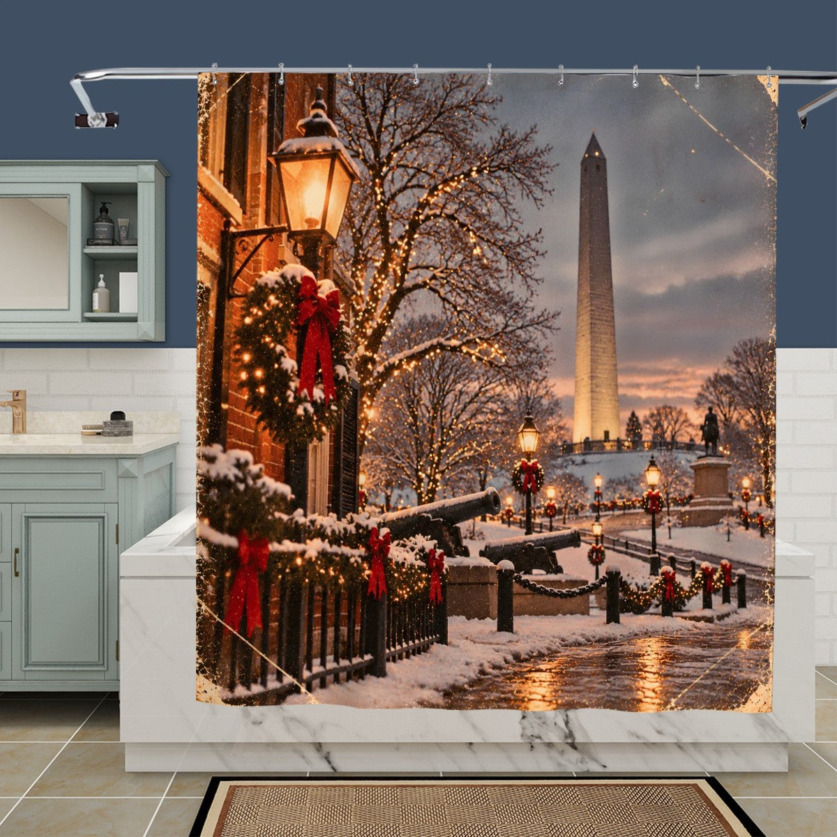 Vintage Christmas Bunker Hill Shower Curtain | Snowy City & Lantern Glow
