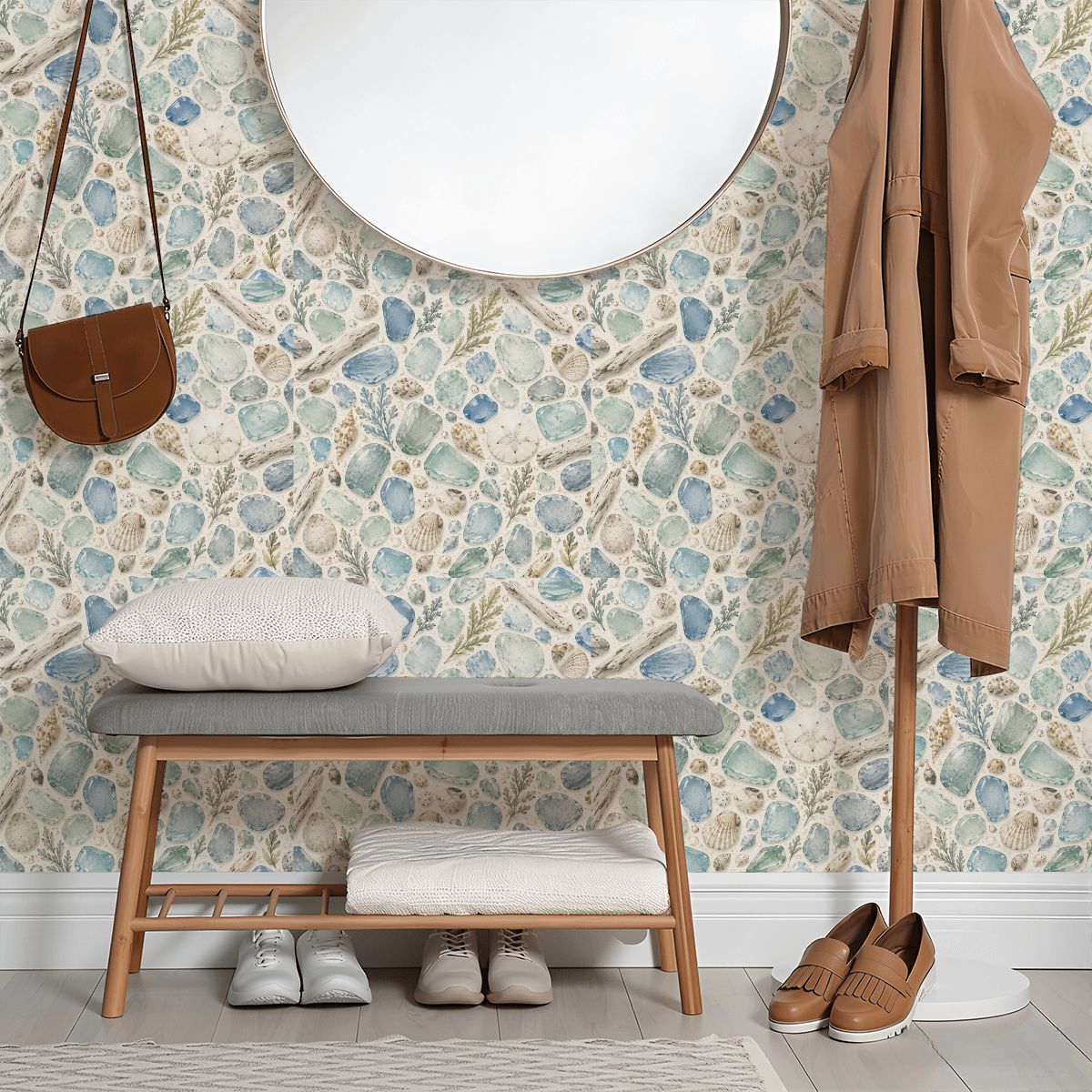 Coastal seashell pattern wallpaper in a bright entryway with a wooden bench and coat rack.