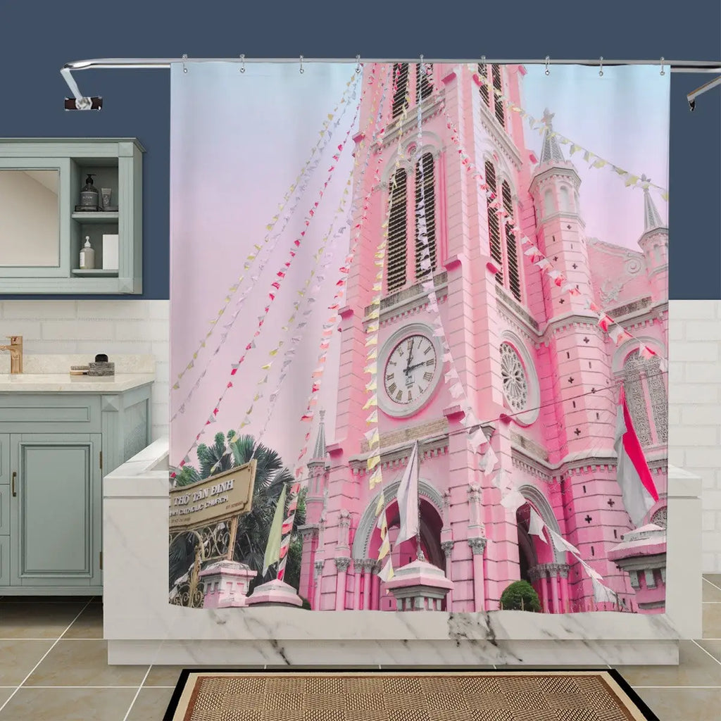 Pink church architecture shower curtain featuring detailed design, ideal for bathroom decor by Sandy Beach.