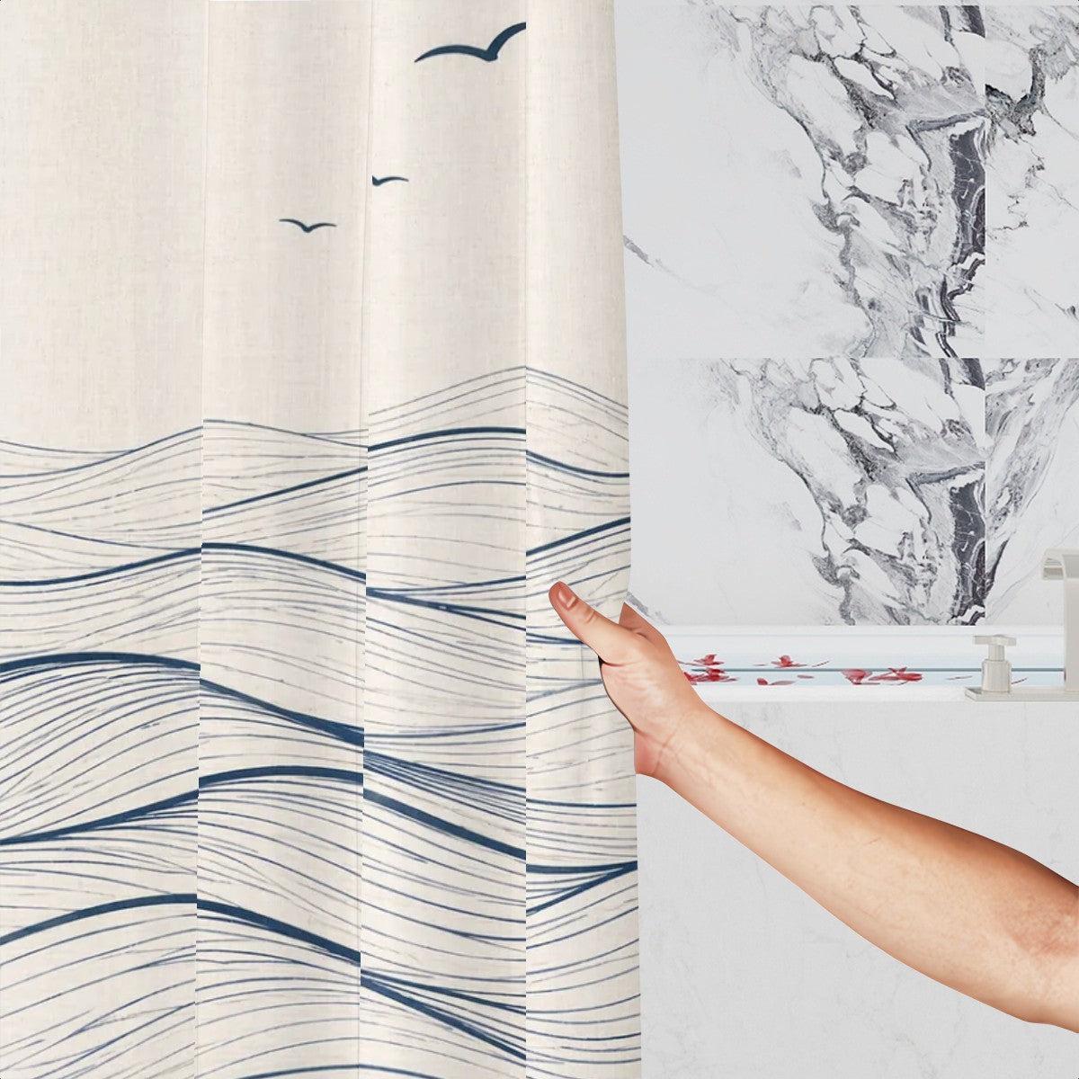 Sandy Beach bathroom decor shower curtain with ocean and sandy beach scene, hanging in a modern bathroom setting