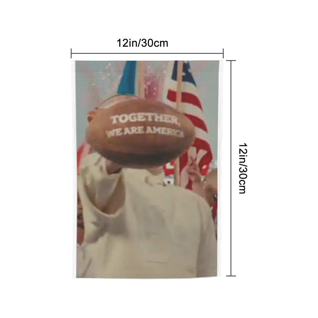 Sandy Beach garden decor flag featuring patriotic "Together We Are America" design with football imagery for outdoor display.