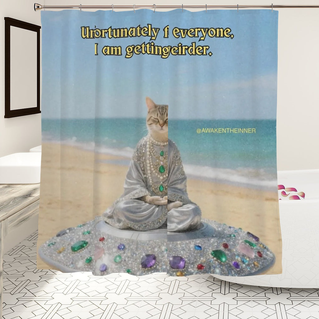Meditating cat on sandy beach shower curtain, bathroom decor featuring a peaceful feline scene with ocean waves.
