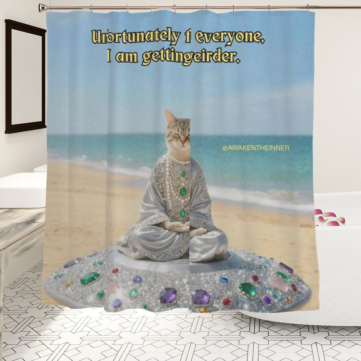Meditating Cat on Beach Garden shower curtain