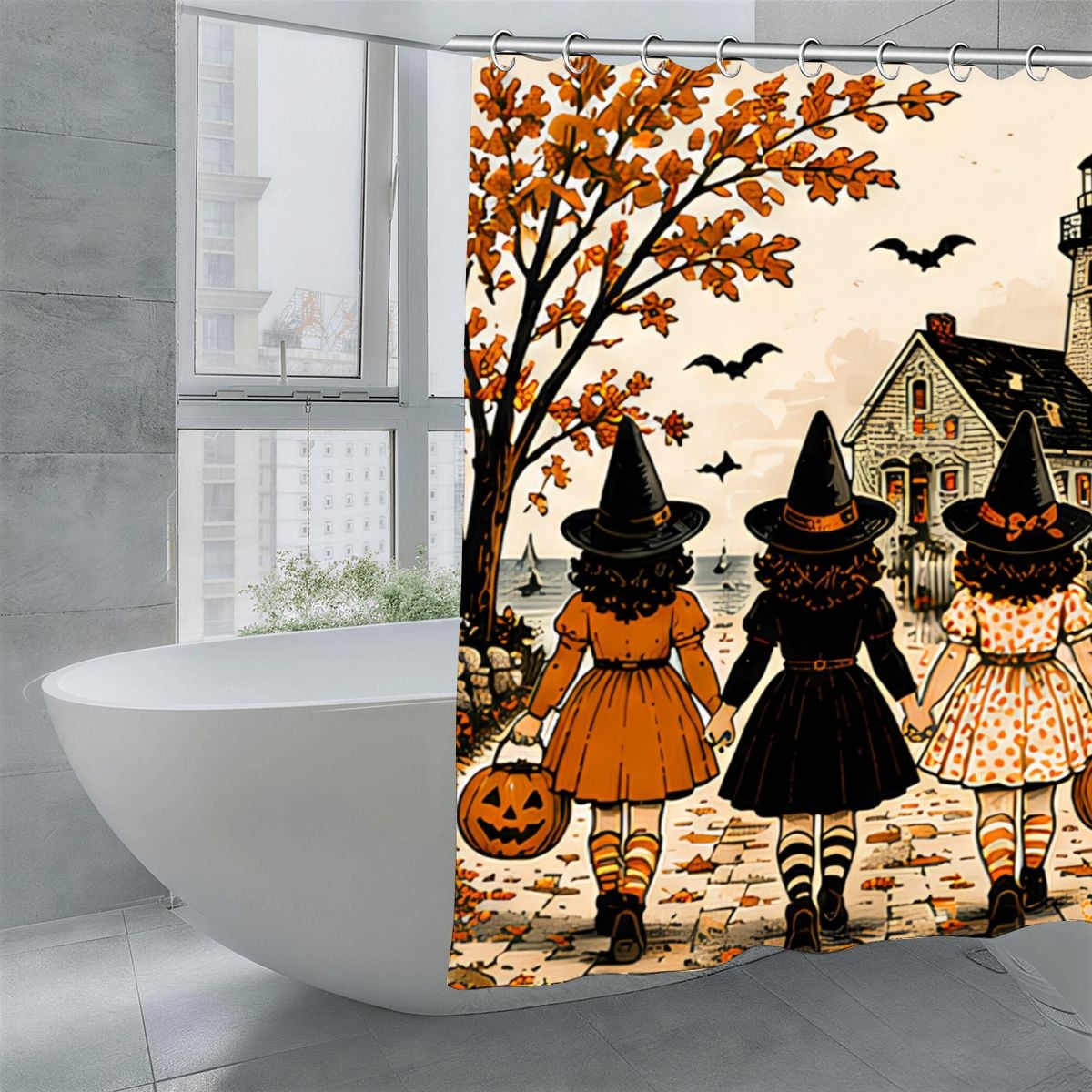 Halloween shower curtain featuring three girls in witch hats walking near a spooky house.