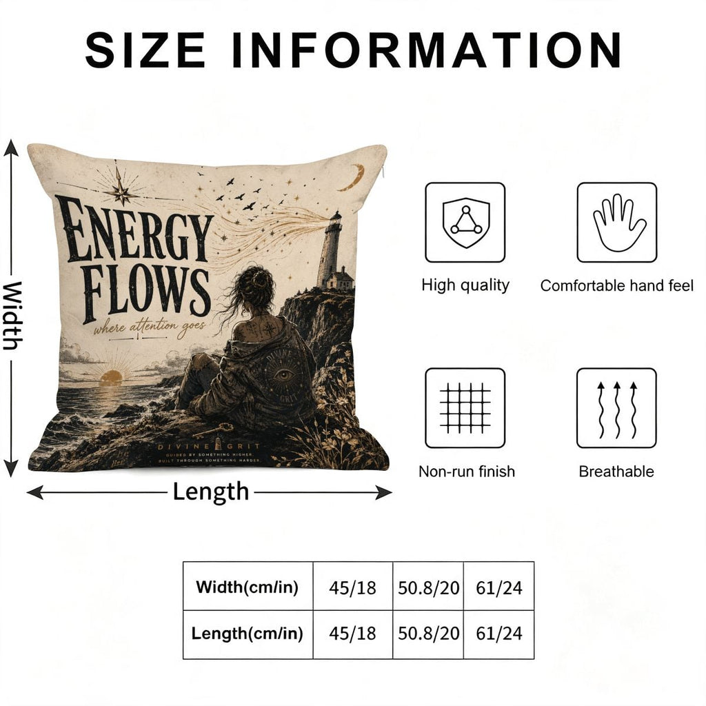 Size information chart for a decorative throw pillow featuring mystical energy flows artwork.
