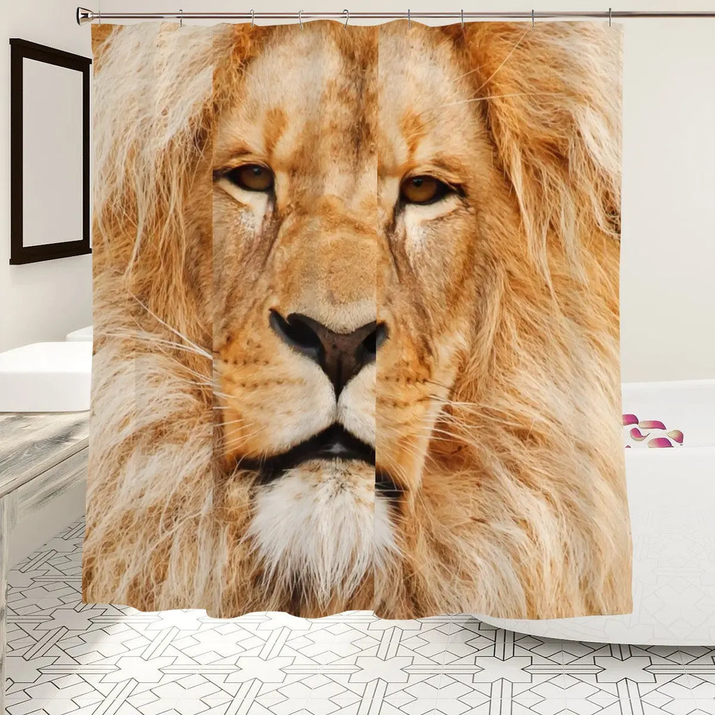 Sandy Beach Majestic Lion Face Shower Curtain with detailed lion design for stylish bathroom decor.