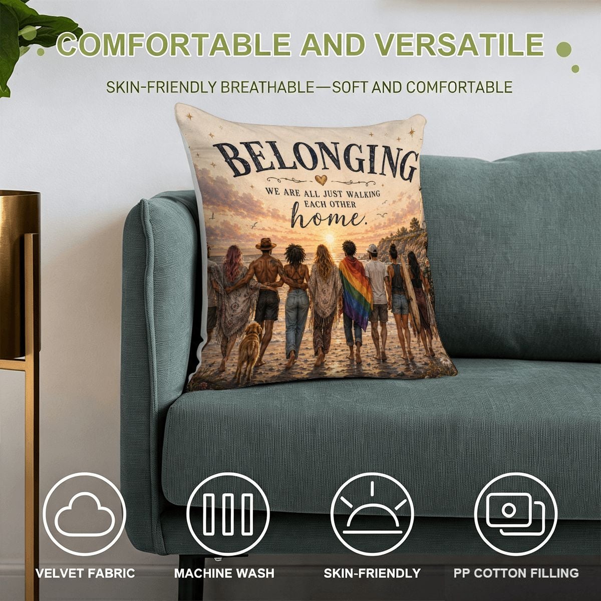 Decorative throw pillow with inclusive diverse family beach sunset design on a teal sofa.