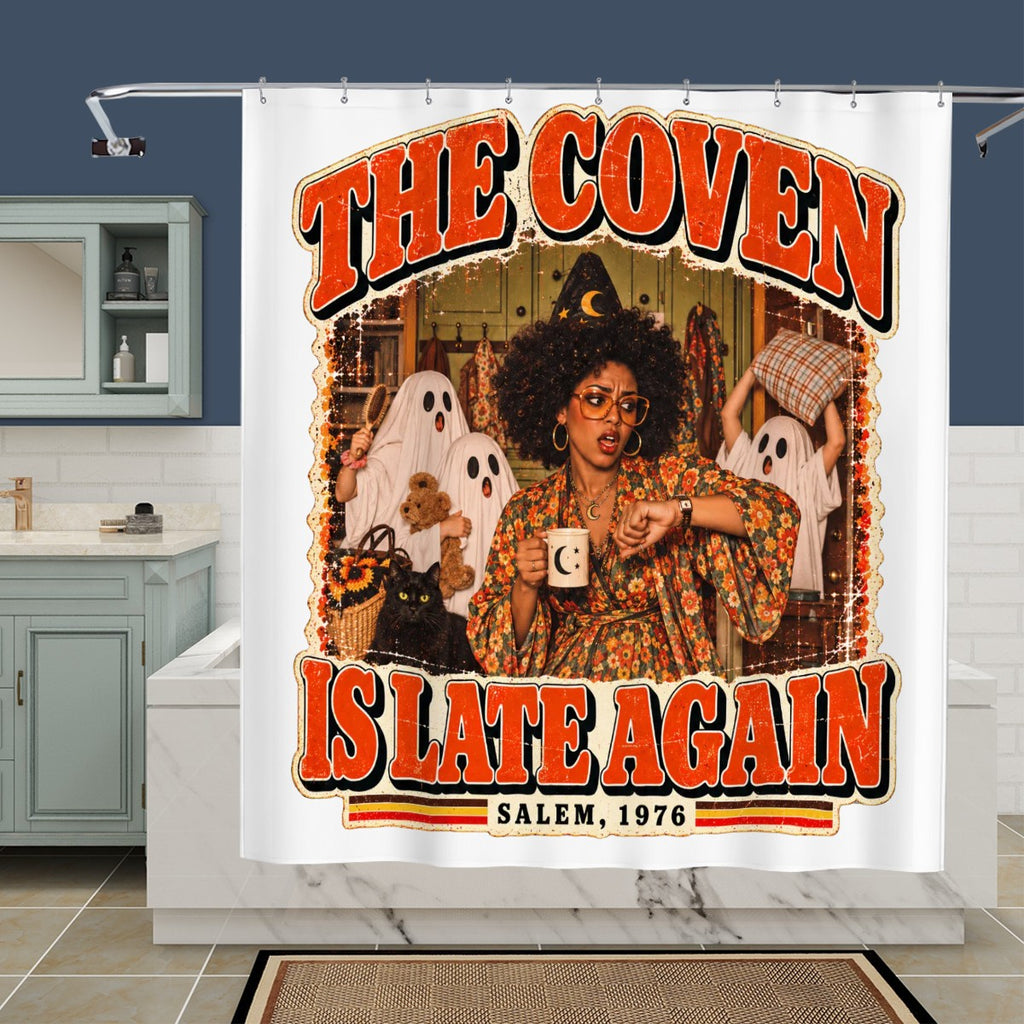 The Coven Is Late Again Shower Curtain - 72" x 72" Retro Halloween Witch Print