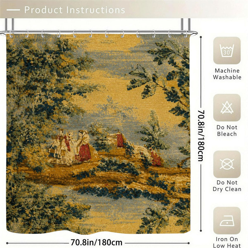 Vintage style landscape print shower curtain with scenic pastoral scene in gold and blue.