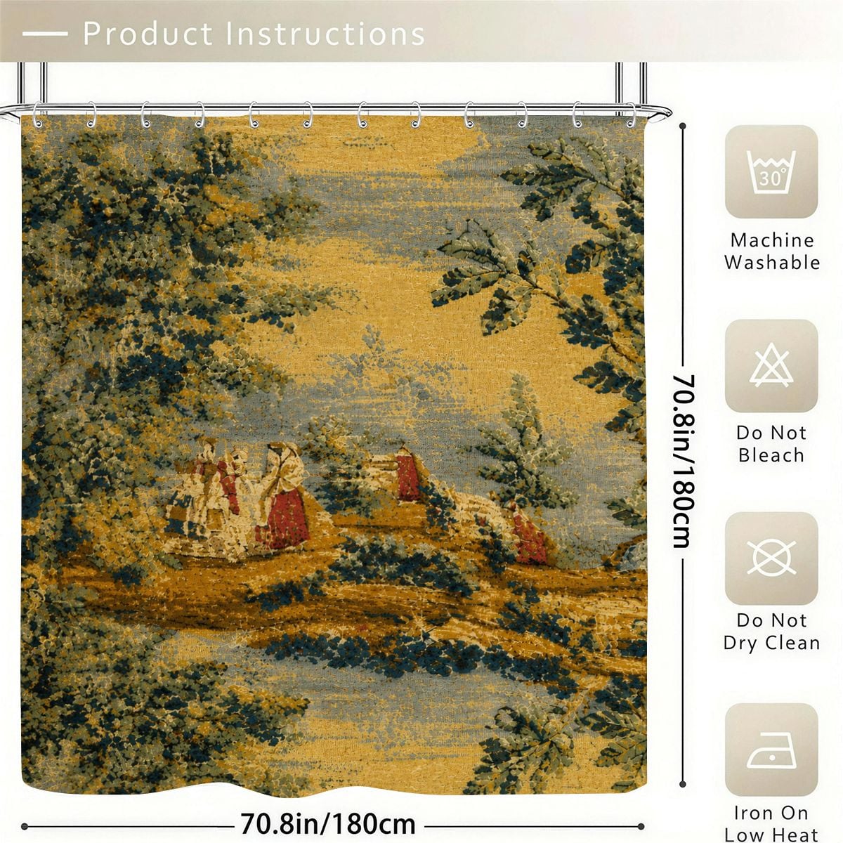 Vintage style landscape print shower curtain with scenic pastoral scene in gold and blue.
