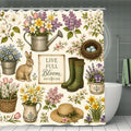 Vintage floral shower curtain featuring spring flowers, garden tools, and a rabbit illustration.