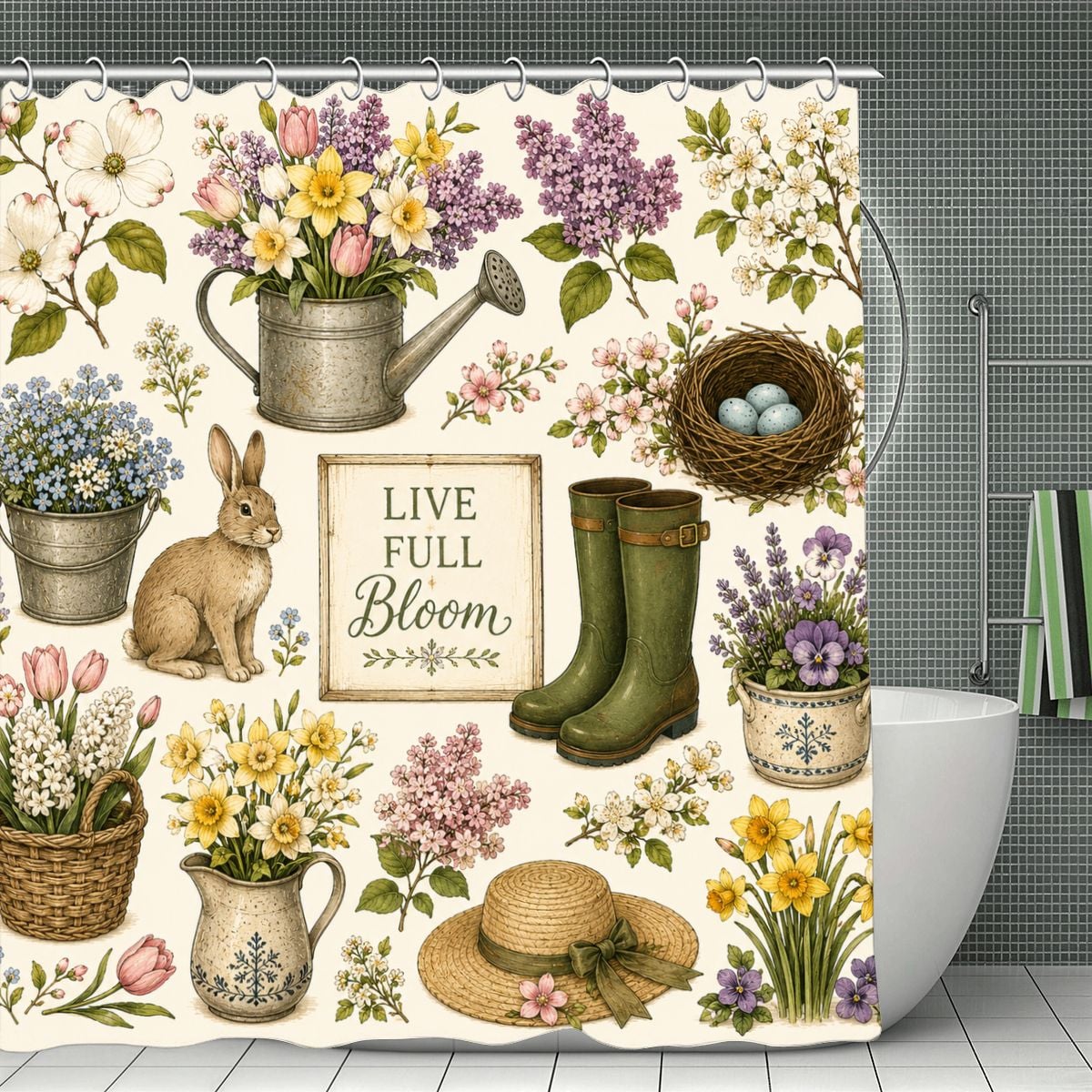 Vintage floral shower curtain featuring spring flowers, garden tools, and a rabbit illustration.
