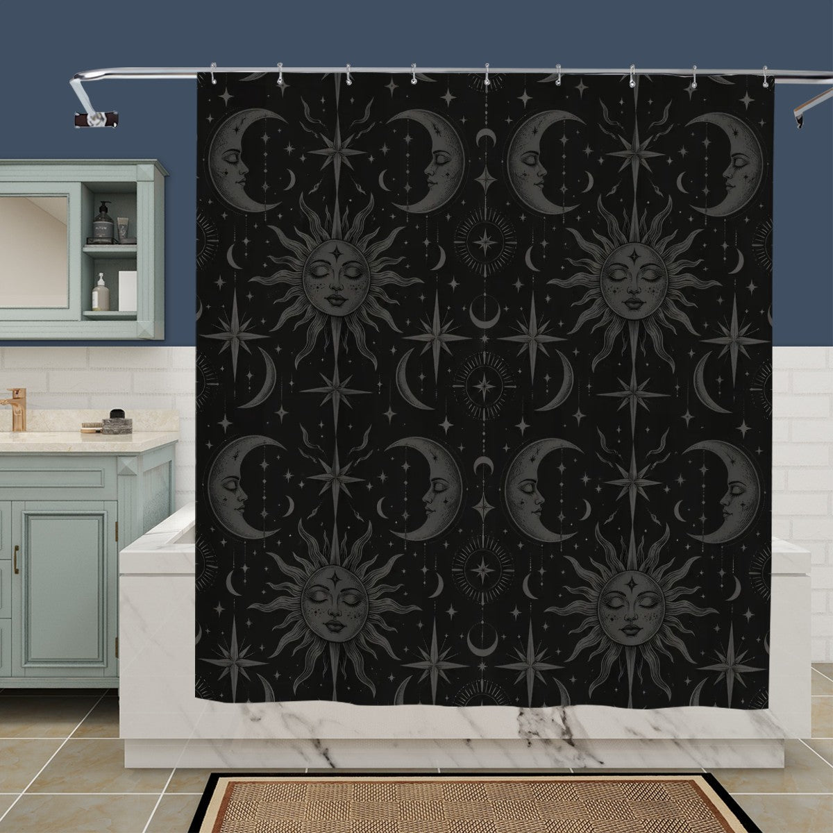 Celestial Moon Phases Shower Curtain - 72" x 72" Black Mystic Bathroom Decor