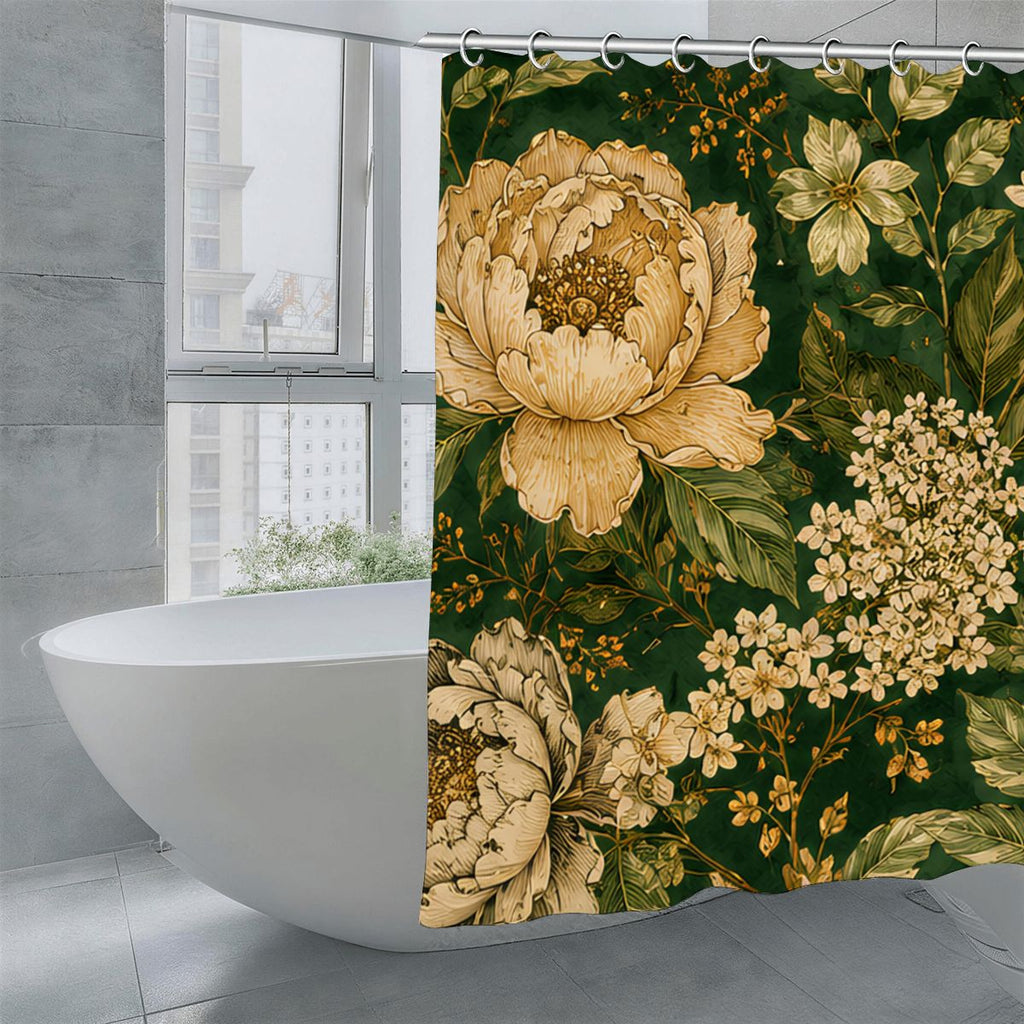 Dark Green Vintage Botanical Shower Curtain | Peony & Wildflower Bathroom Decor