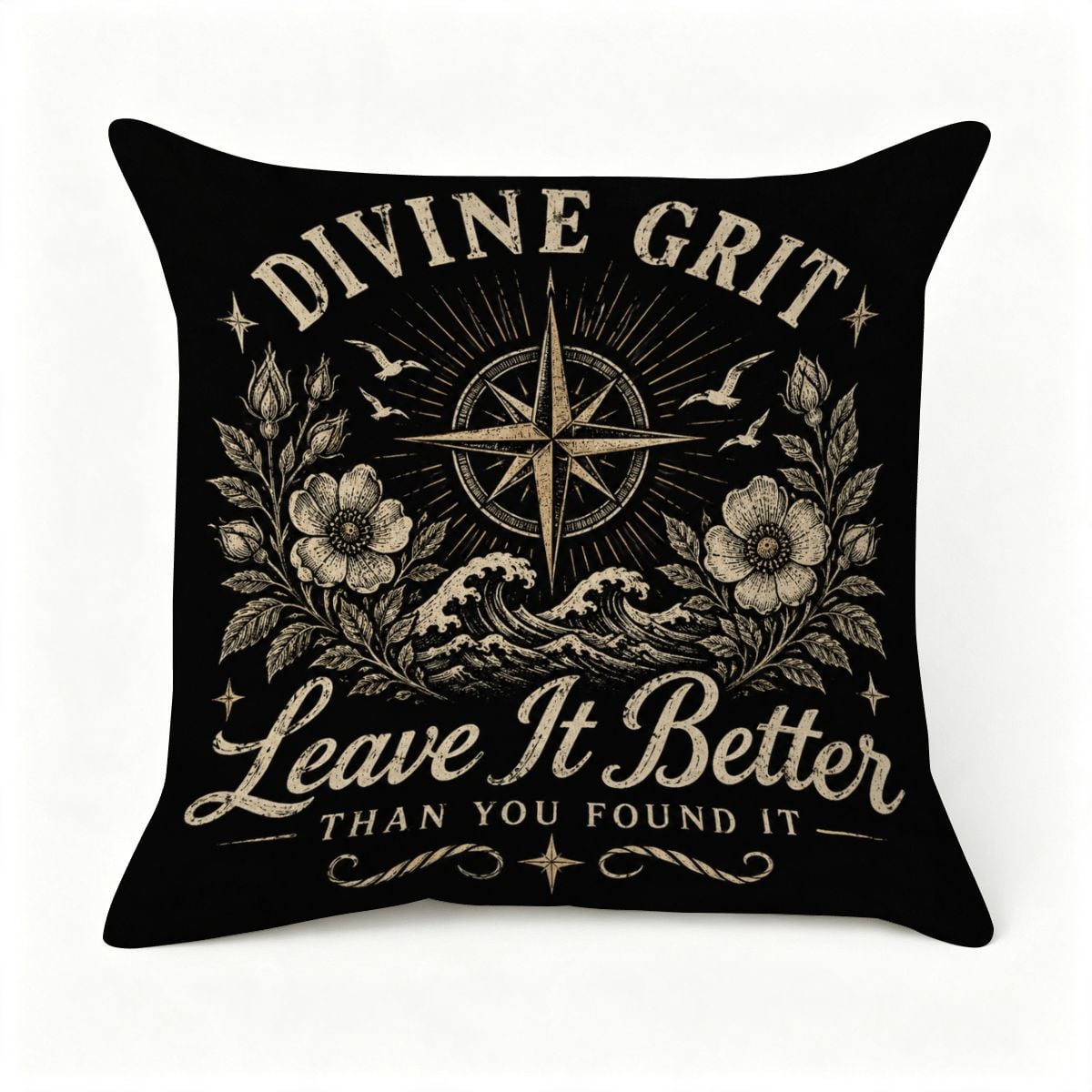 Black decorative throw pillow with Divine Grit Leave It Better vintage nautical design.