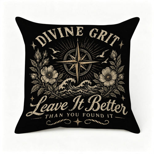 Black decorative throw pillow with Divine Grit Leave It Better vintage nautical design.