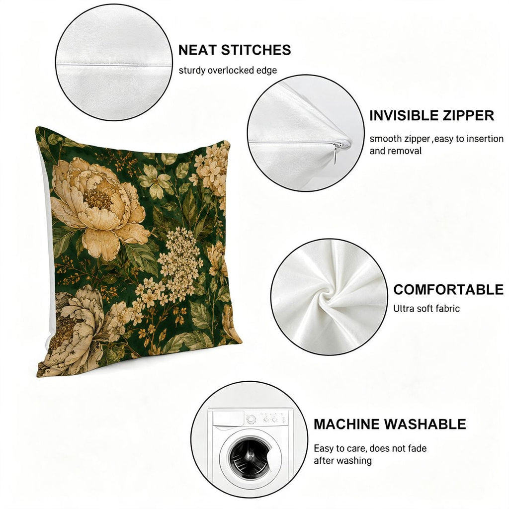 Floral print decorative throw pillow with invisible zipper and soft fabric details.