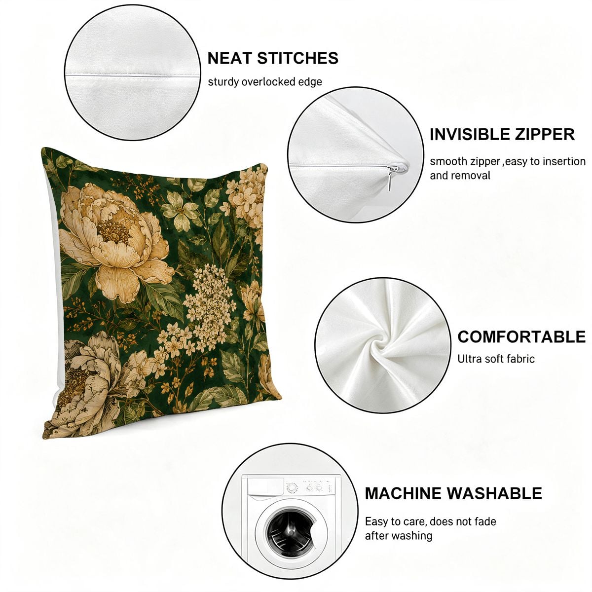 Floral print decorative throw pillow with invisible zipper and soft fabric details.