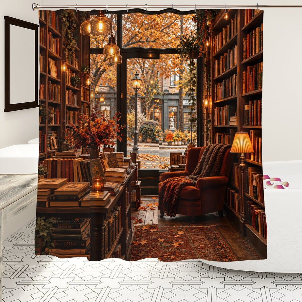 Autumn Bookstore Shower Curtain - 72" x 72" Waterproof Library Print
