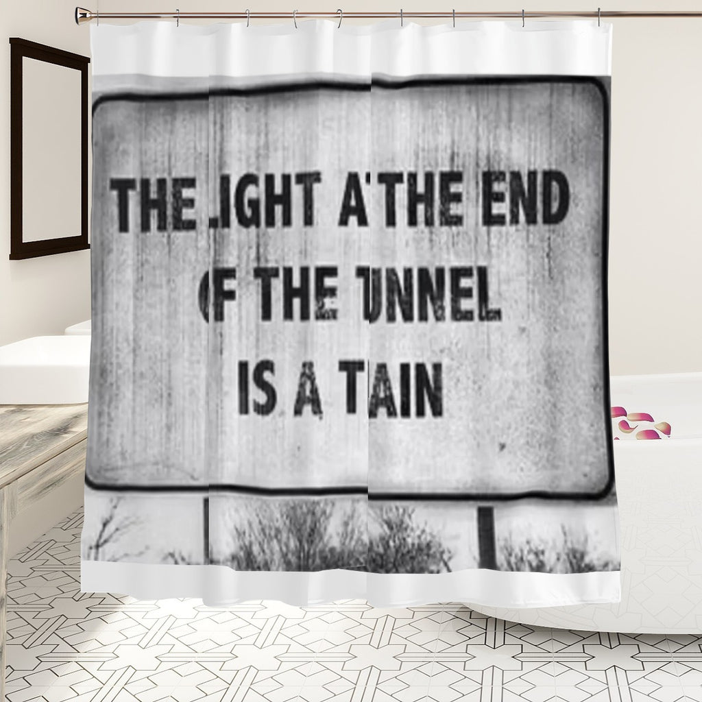 Train Shower Curtain from Sandy Beach, bathroom decor with a train design, hanging in a modern bathroom setting.
