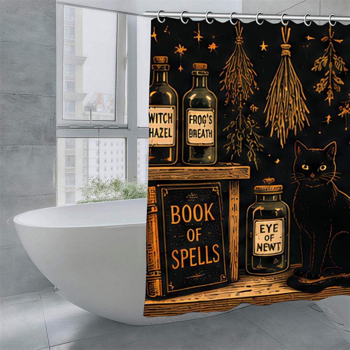 Witchy themed shower curtain featuring magic potions, book of spells, and a black cat.