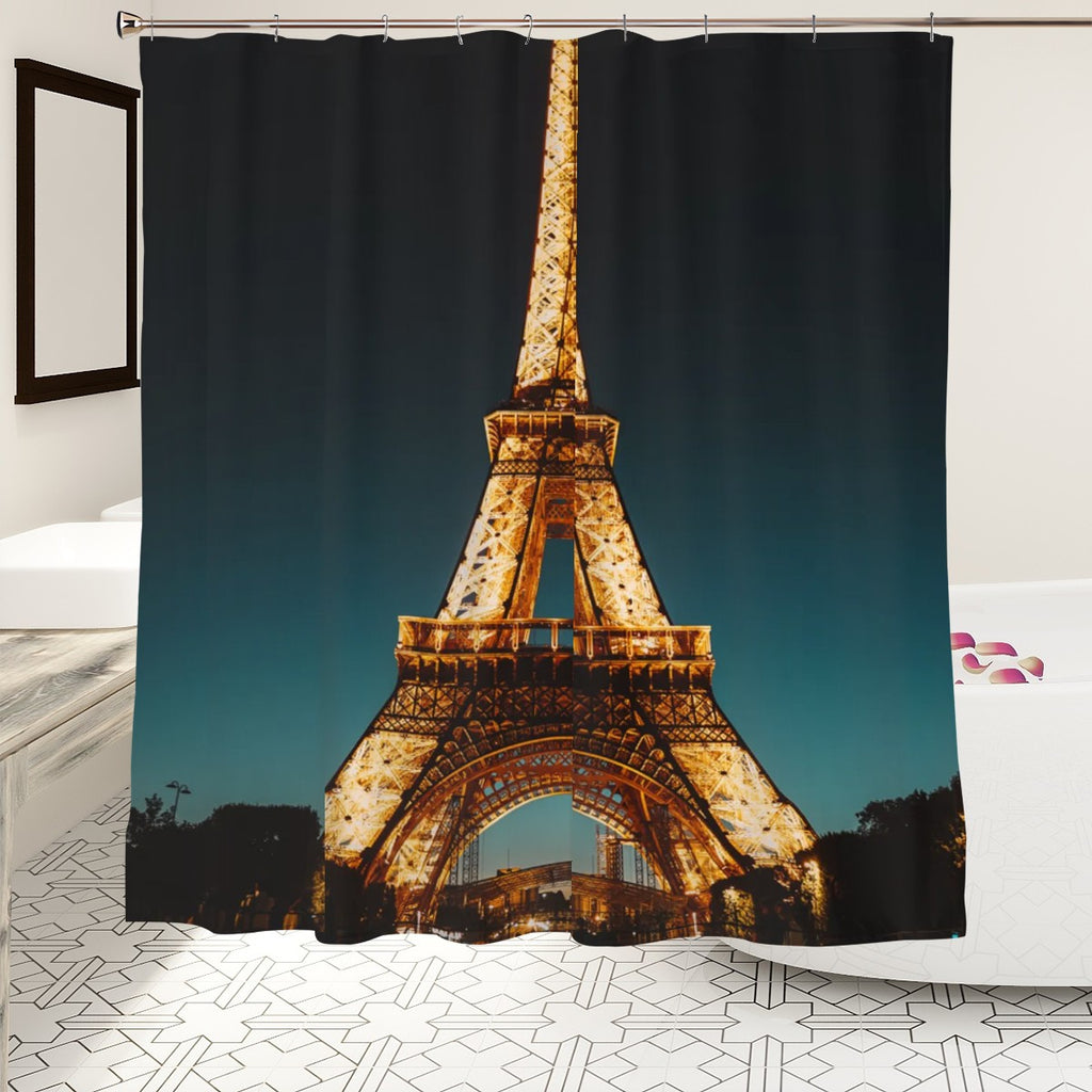 Sandy Beach Eiffel Tower Night Lights shower curtain featuring a night scene with Eiffel Tower for bathroom decor.