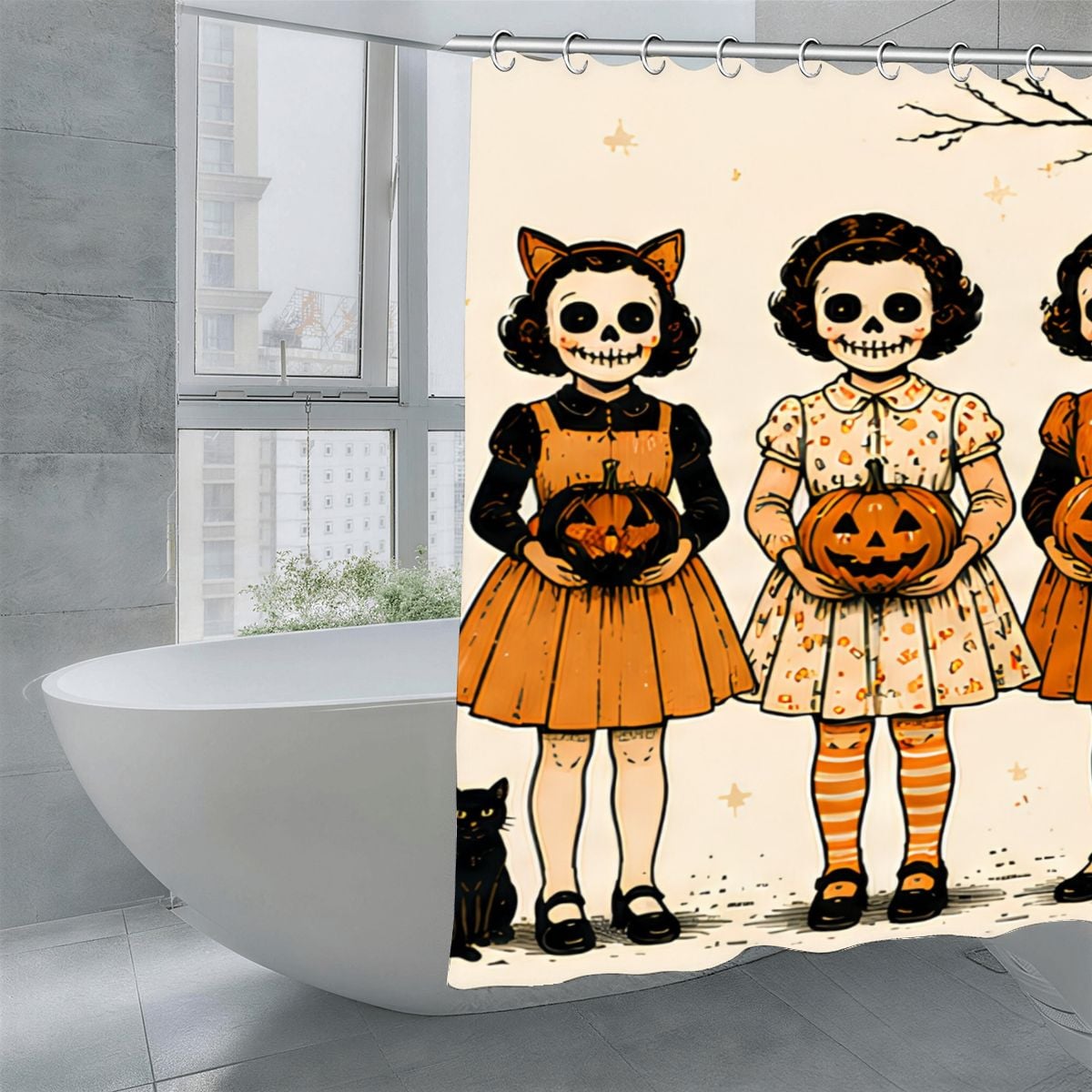 Halloween shower curtain featuring cute skeleton girls holding jack-o'-lantern pumpkins.