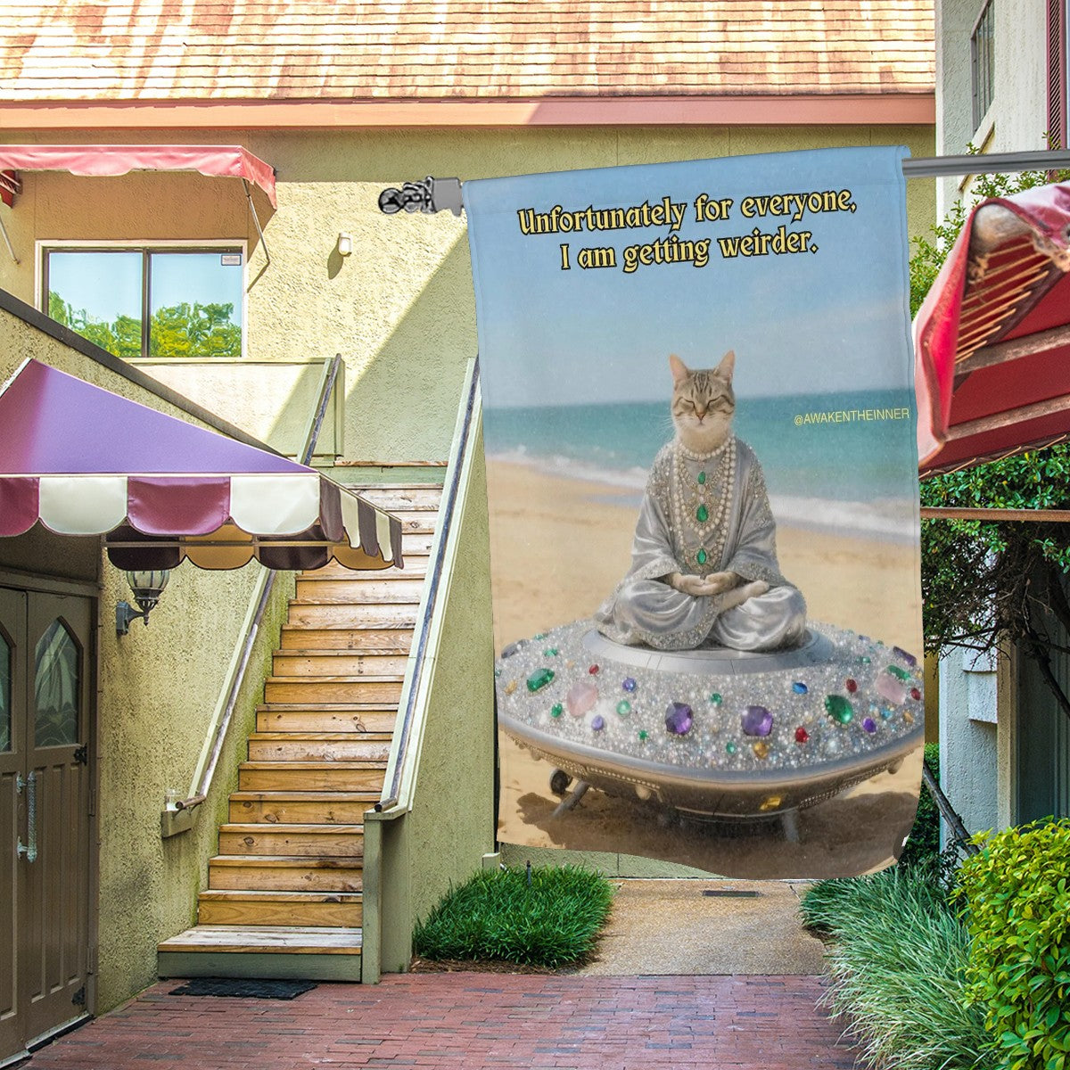 Meditating Cat on Beach Garden flag