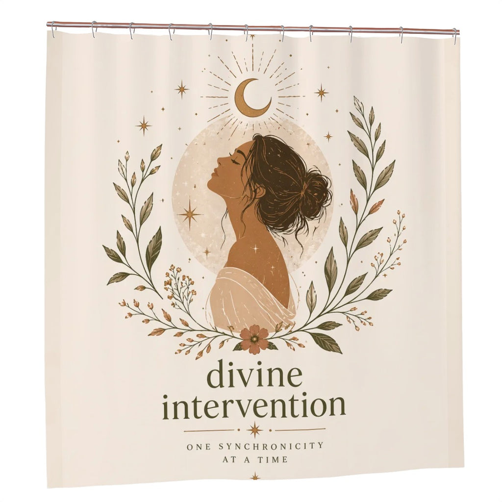 Divine Feminine Shower Curtain featuring a woman silhouette, spiritual self-care bathroom decor by Sandy Beach.