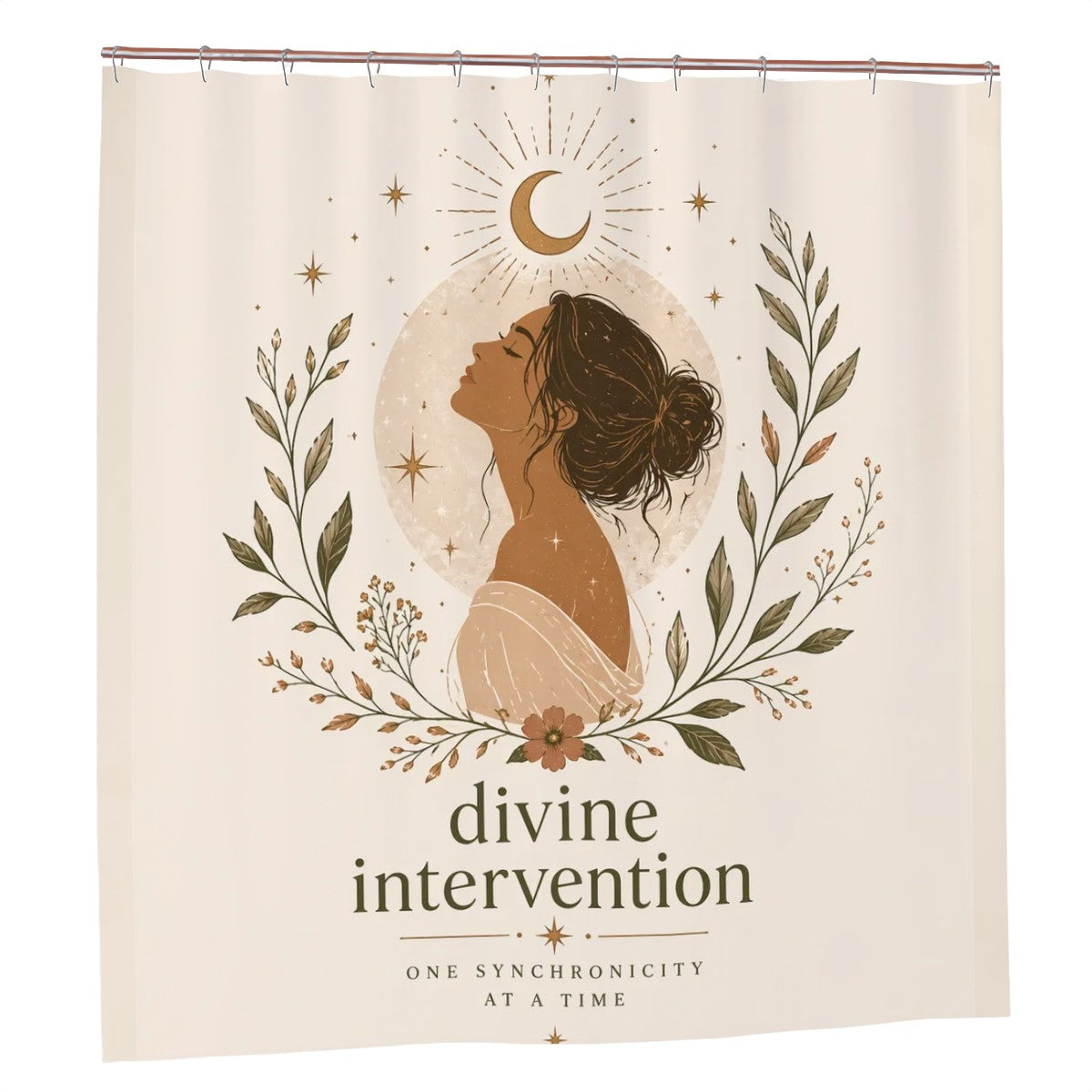 Divine Feminine Shower Curtain featuring a woman silhouette, spiritual self-care bathroom decor by Sandy Beach.