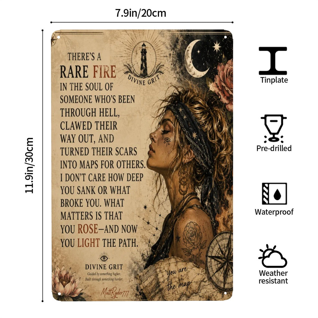 Inspirational quote metal sign featuring a tattooed woman with a lighthouse and moon motif.