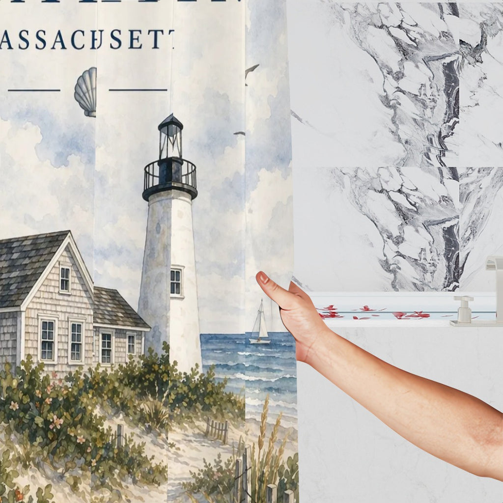 Sandy Beach bathroom decor shower curtain with a seaside beach scene and waves, hanging in a modern bathroom setting.