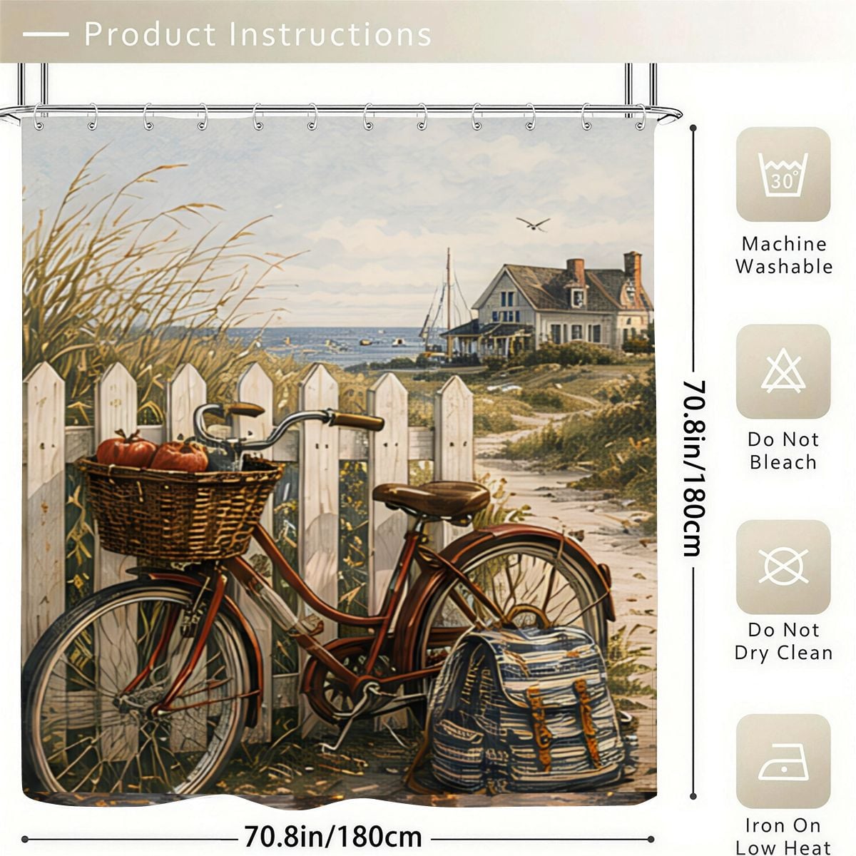 Coastal scene shower curtain featuring a vintage bicycle with a basket by a white picket fence.