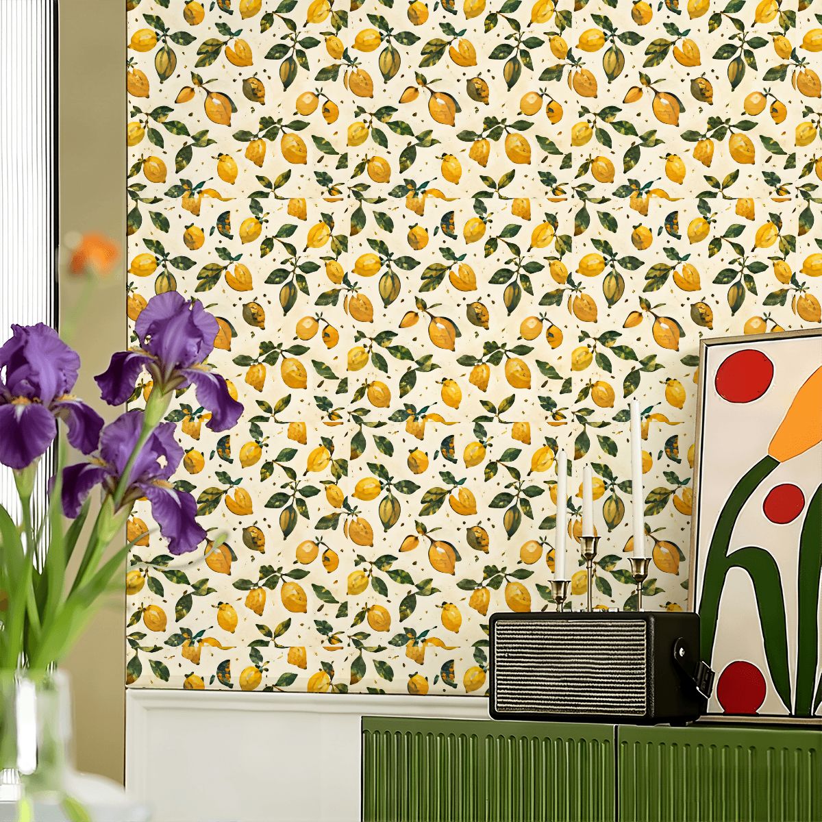 Lemon pattern wallpaper in a bright room with purple irises and modern decor.