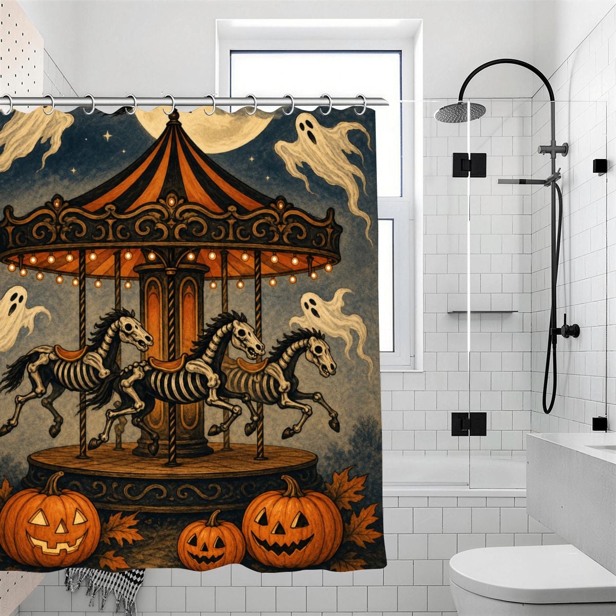 Spooky Halloween shower curtain featuring a carousel with skeleton horses and jack-o'-lanterns.