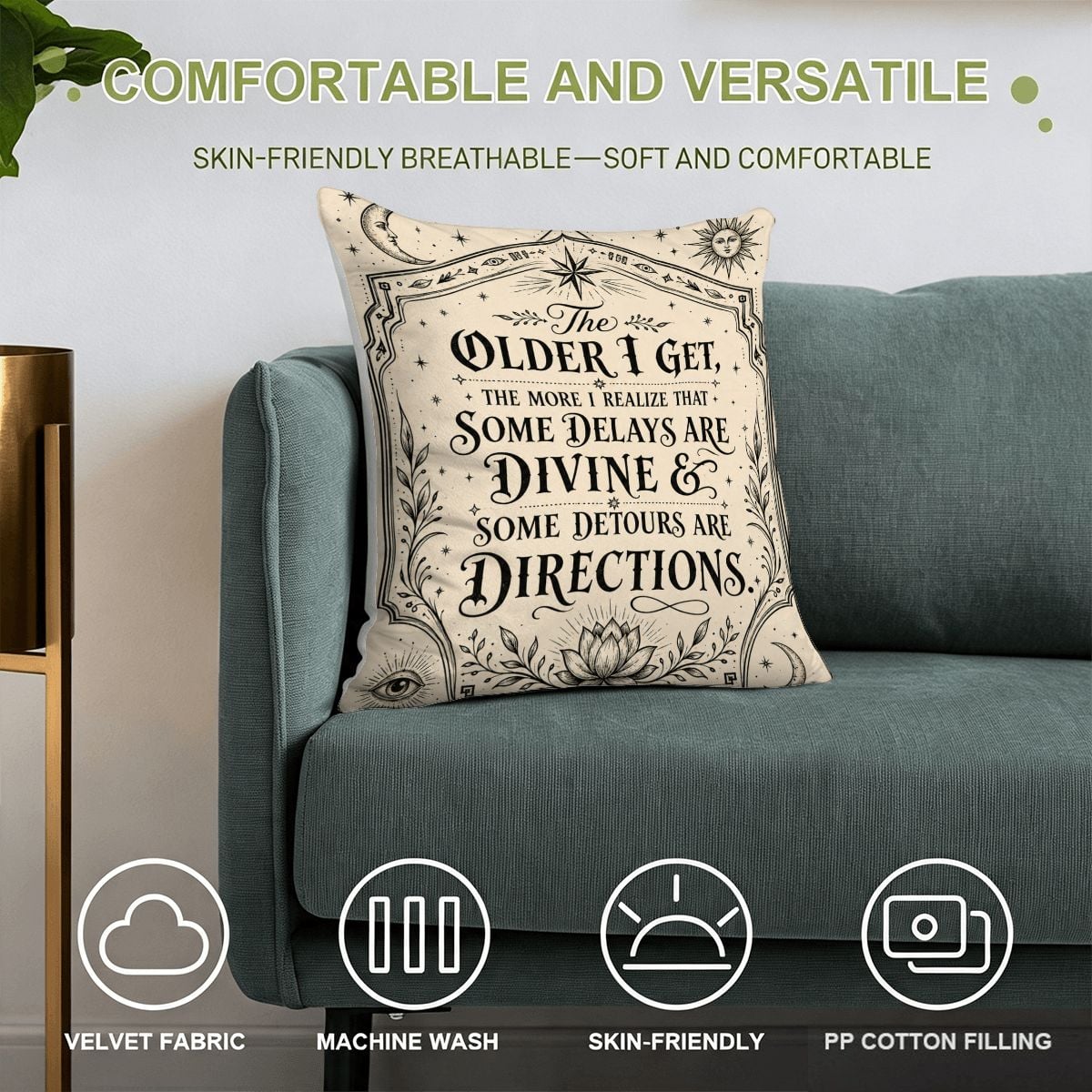 Cream decorative throw pillow with inspirational quote on a teal velvet sofa.