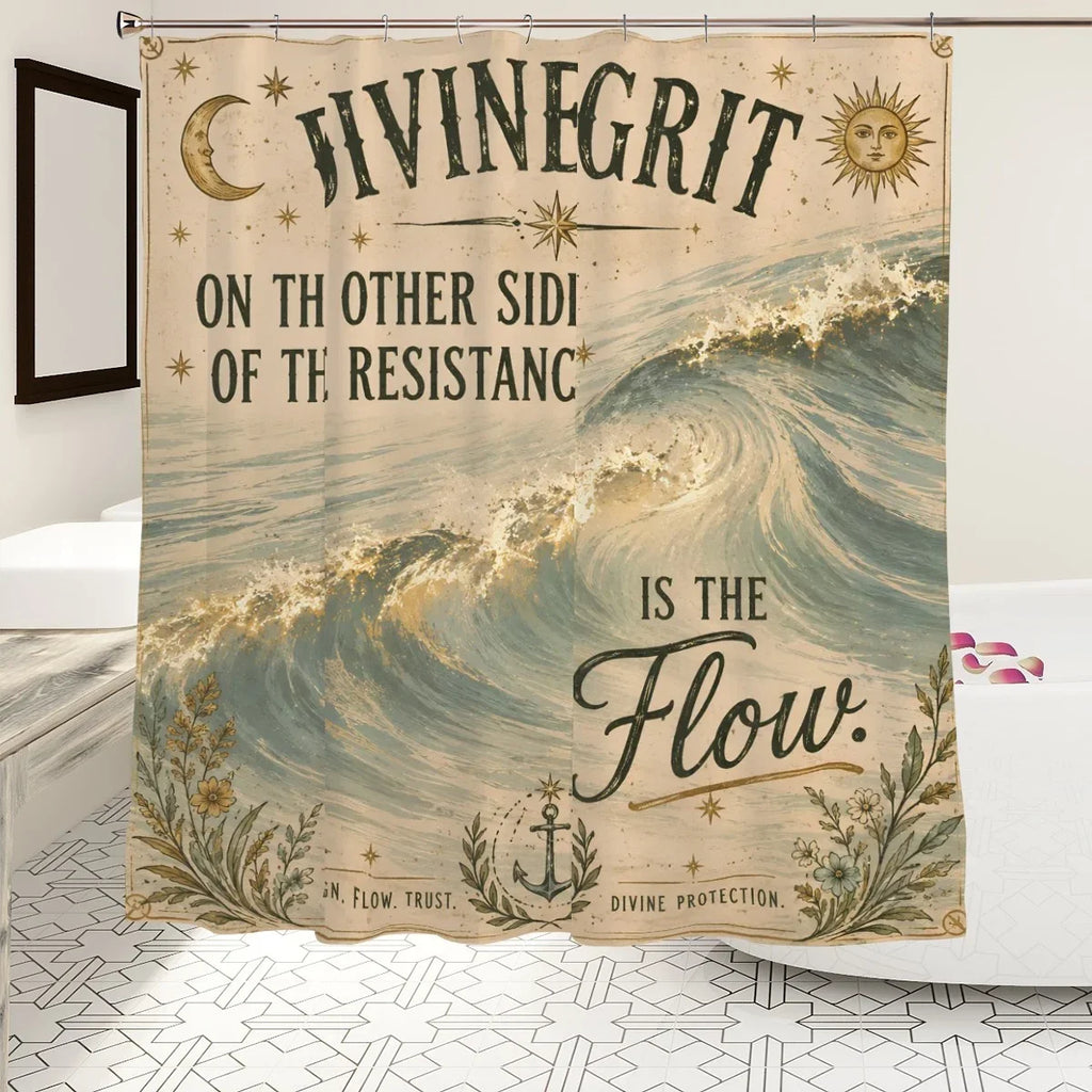 Sandy Beach Divine Grit Flow shower curtain with ocean waves and inspirational text.