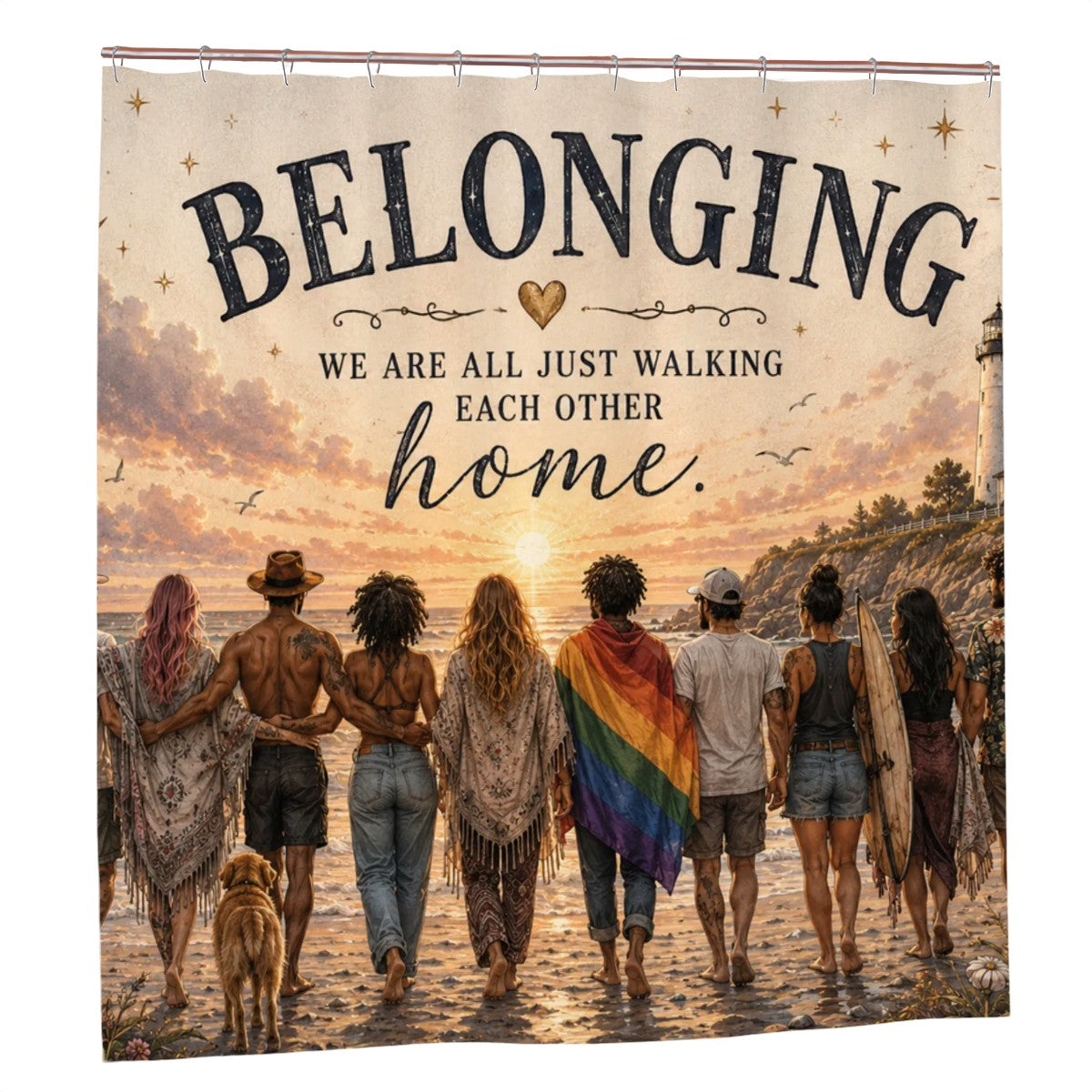 "Belonging" Coastal Sunset Shower Curtain
