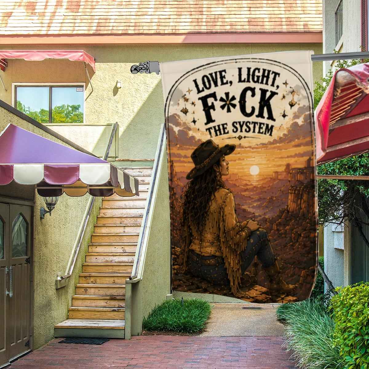Love, Light, F*ck the System Garden Flag – Cowgirl Western Sunset Outdoor Decor