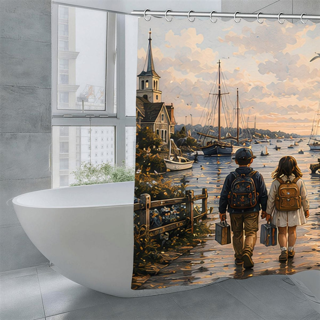 Impressionist style shower curtain featuring children walking by a harbor with sailboats.