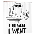 Sandy Beach "I do what I want" cat shower curtain with playful feline design for bathroom decor.