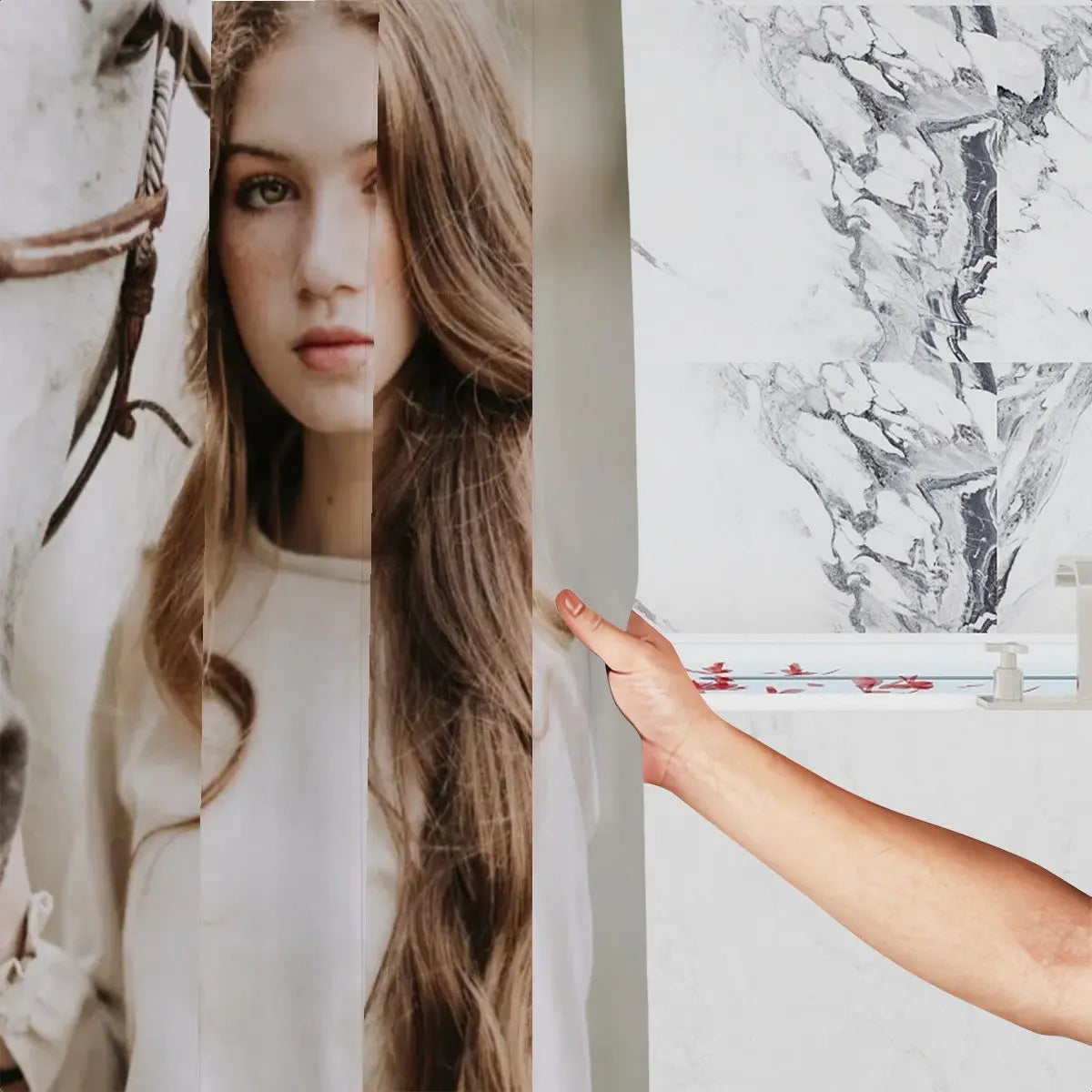 Young Woman with White Horse Shower Curtain Sandy Beach