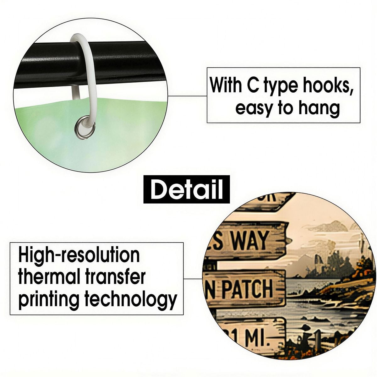 Close-up of C-type hooks for easy hanging and high-resolution thermal transfer printing detail.
