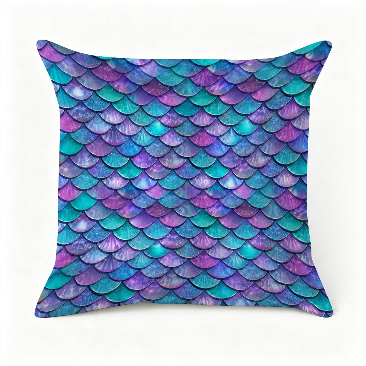 Decorative throw pillow with iridescent purple and teal mermaid scale pattern.