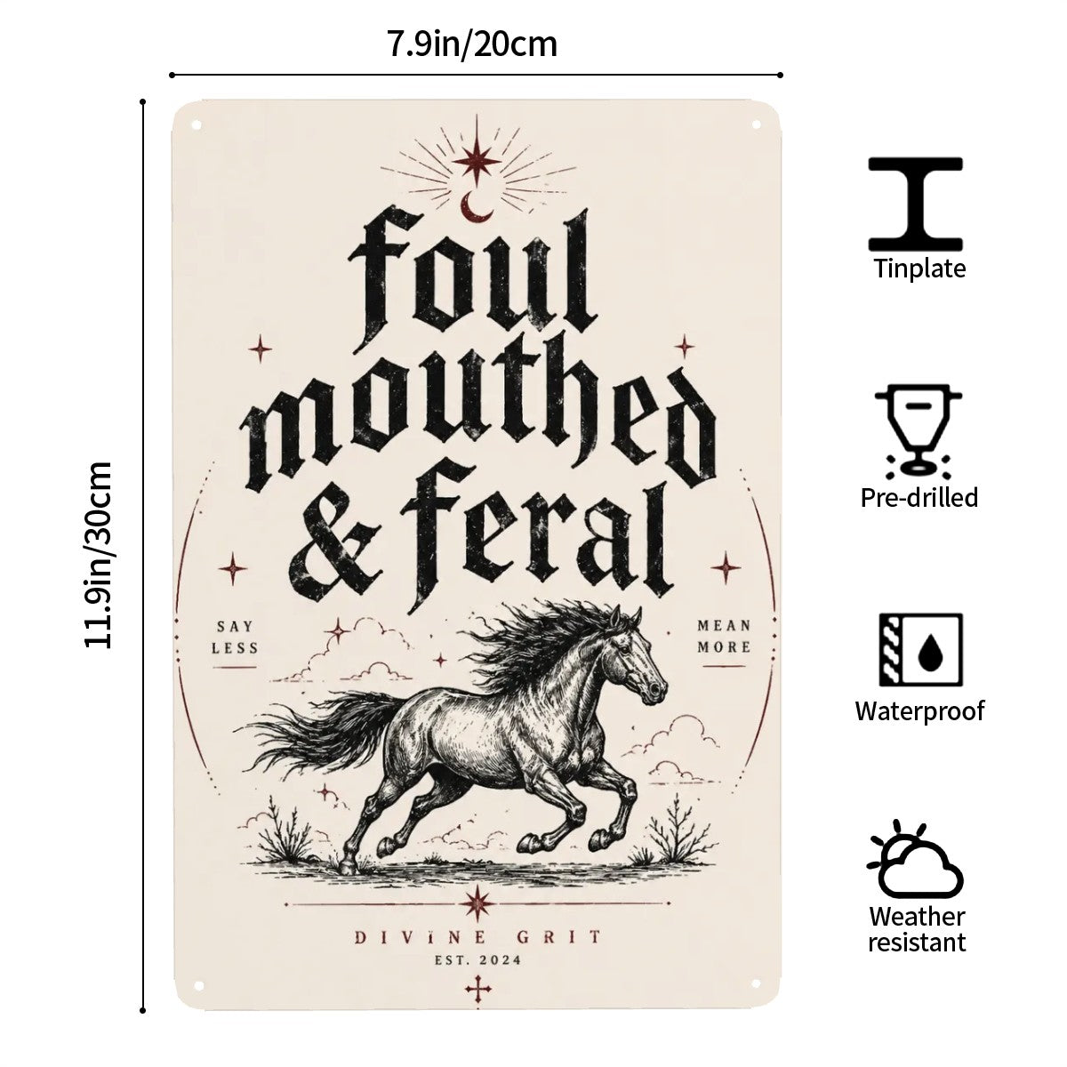 Foul mouthed & feral vintage style tinplate sign with a running horse illustration.