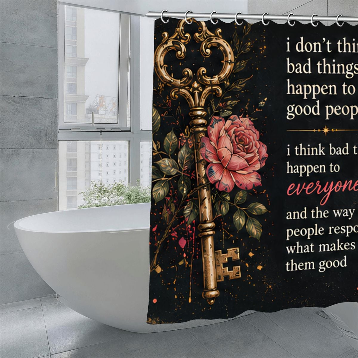 Vintage gold key and pink rose shower curtain with inspirational quote on black background.